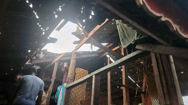 A house in Minbya’s Sin Gyi Pyin village damaged by the heavy artillery was seen on Nov. 15, 2023.