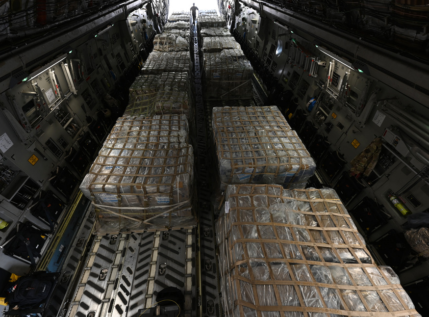 A U.S. Air Force C-17 Globemaster III carries 24.5 metric tons of aid to Middle East, December 2023